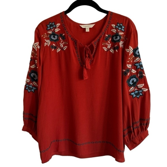 Garnet Hill Embroidered-Yoke Bishop-Sleeve Blouse, Size XS - Picture 4 of 10